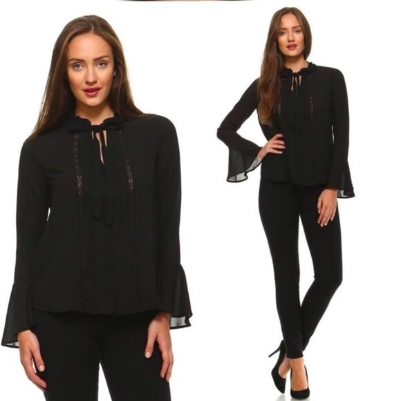 Chiffon Black Bell Sleeve Button Down Blouse - Picture 6 of 6